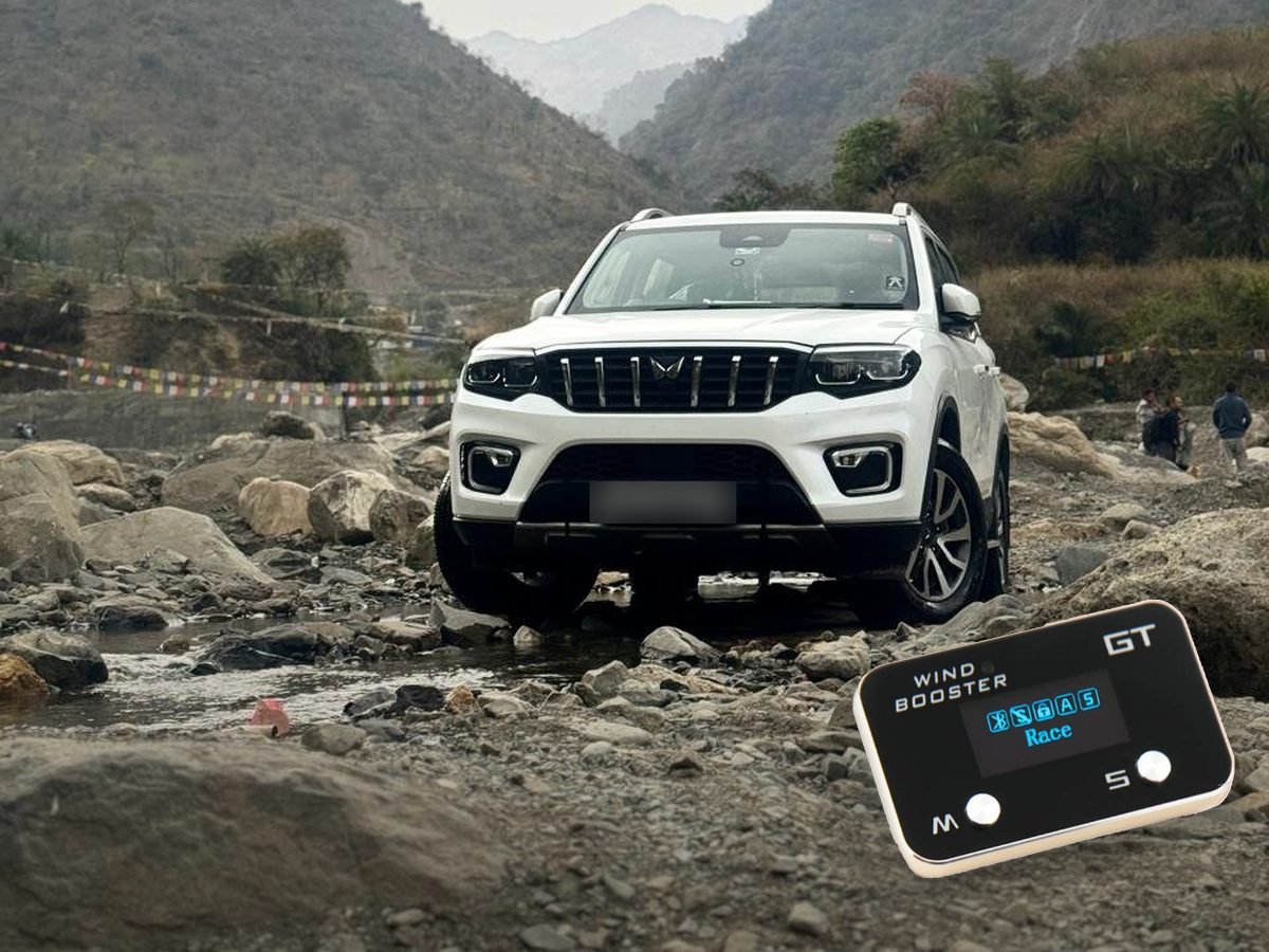Windbooster GT throttle controller in front of a Mahindra Scorpio N