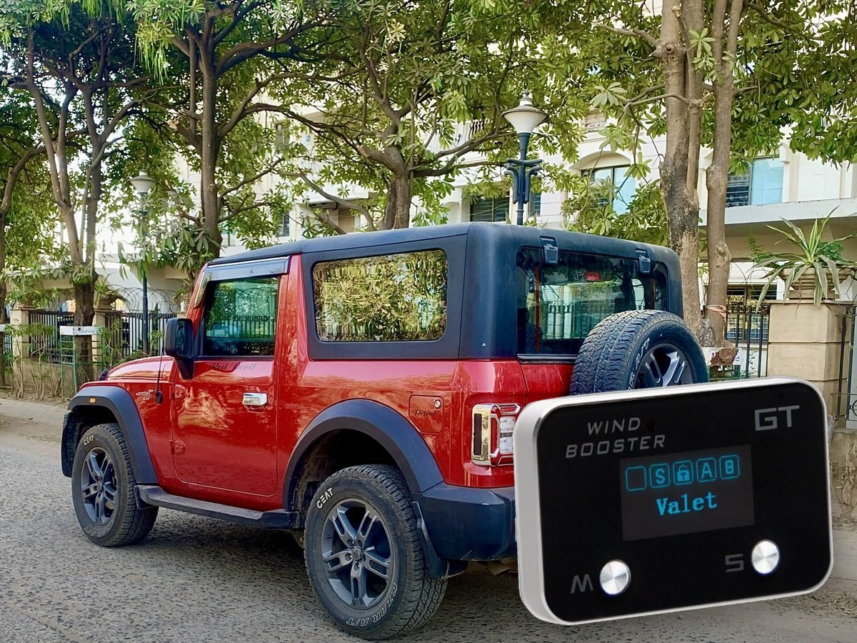 Windbooster GT throttle controller in front of a Mahindra Thar